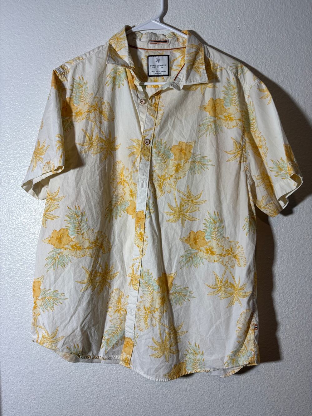 Denim & Flower Men's Size XL Yellow White Hawaiian Tropical Button-Up Shirt